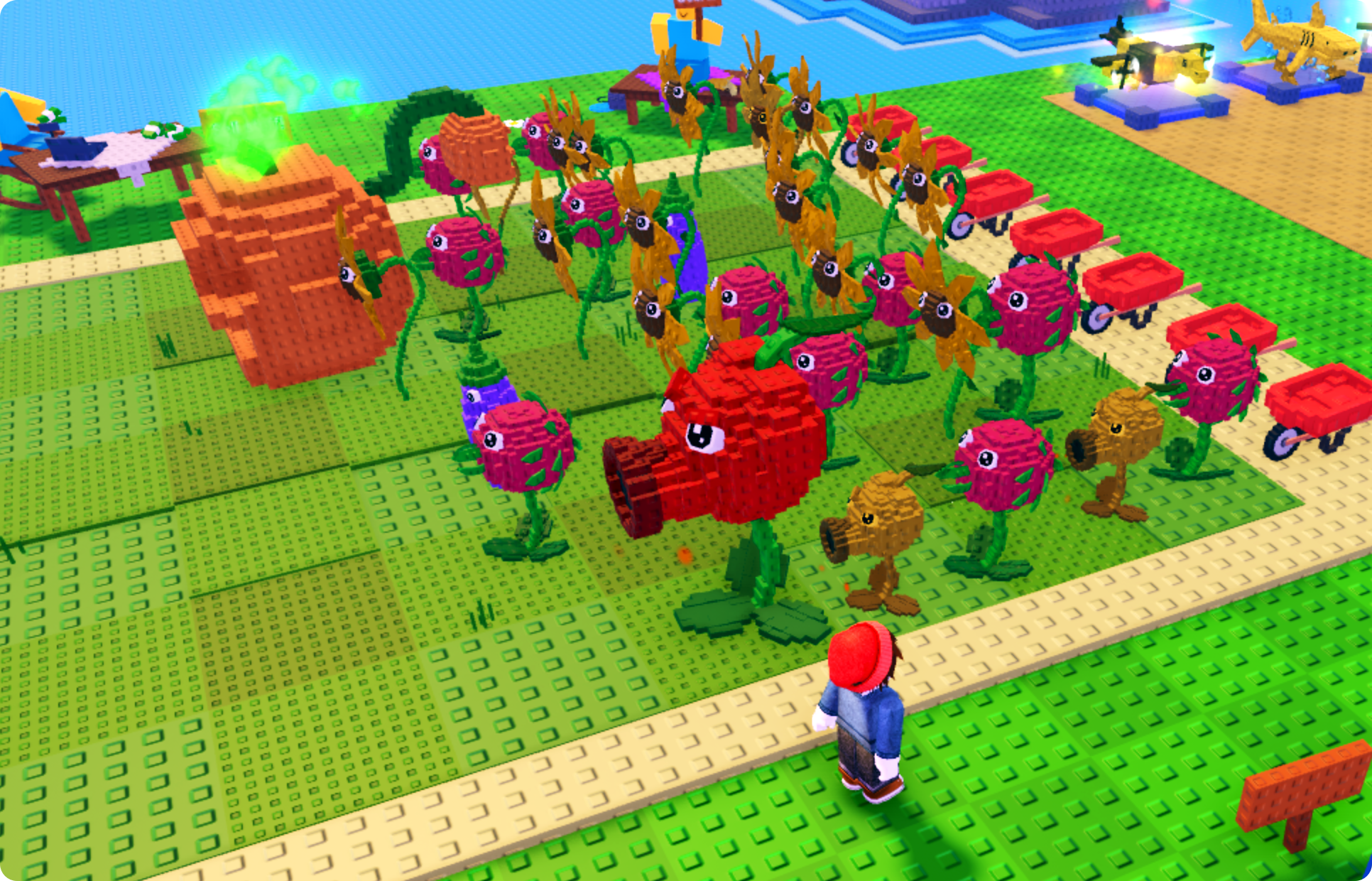 Plants vs Brainrots — More plants (7 rows full, mostly Sunflowers and Dragon Fruit with 2 Eggplants)