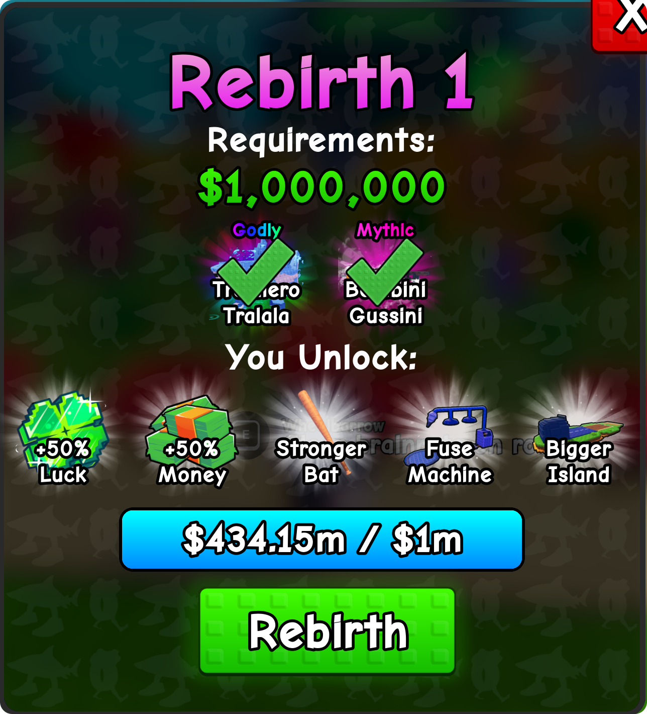 Plants vs Brainrots — Rebirth interface